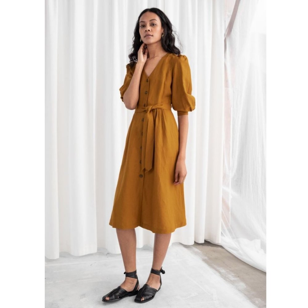 Women's Mustard Button-Front Tie-Waist Dress